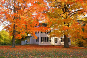 Home in Madison County, IL during the beginning of autumn with trees whose leaves are changing to an orange and yellow.