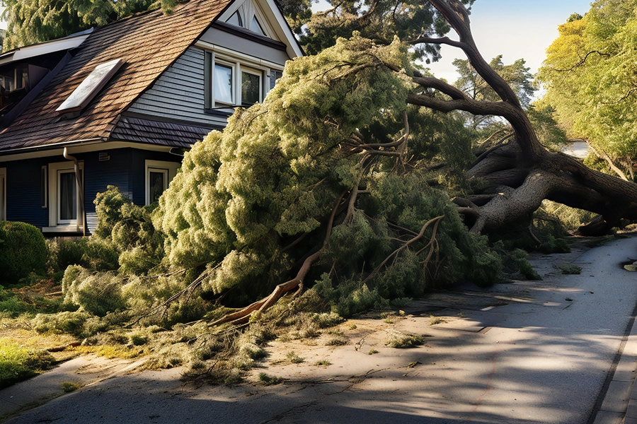 A large tree has fallen on a house in Madison County, IL, during a summer storm, causing damage and requiring professional tree removal services.