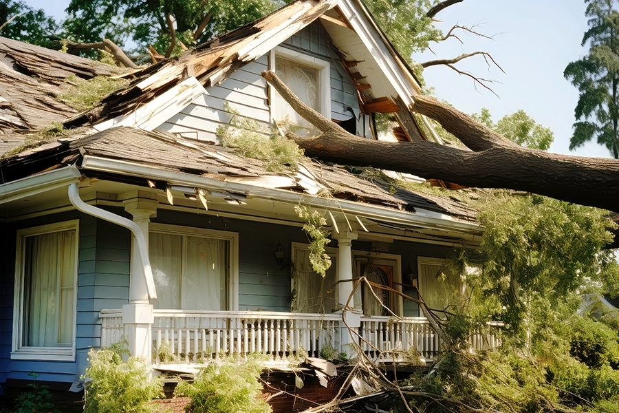 A tree resting on top of a residential home in Madison County, IL, causing significant damage after a summer storm.