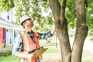 A professional arborist performing an inspection on a tree outside a home in Madison County, IL.