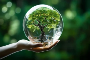 A hand holding a glass orb with a tree inside, indicating the care that goes into maintaining a healthy tree in Madison County, IL.