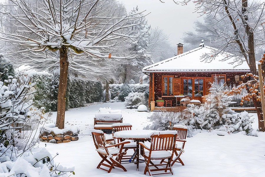 Backyard of a house in Madison County, IL with trees and furniture covered in snow and ice.