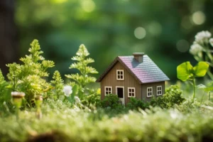 A miniature house surrounded by healthy plants and trees to represent responsible tree maintenance in Madison County, IL.