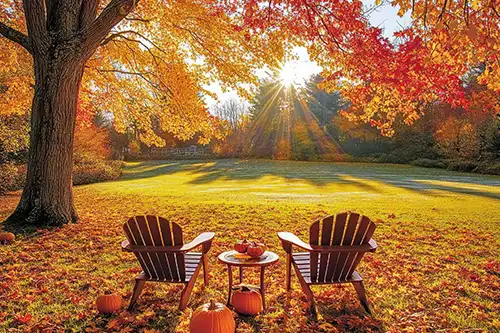 A-Unlimited Tree Service—Two chairs under a tree are surrounded by fall foliage in a yard in Highland, IL.