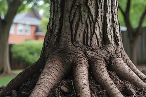 A-Unlimited Tree Service—A close-up of a tree trunk and protruding roots in a backyard in Edwardsville, IL.