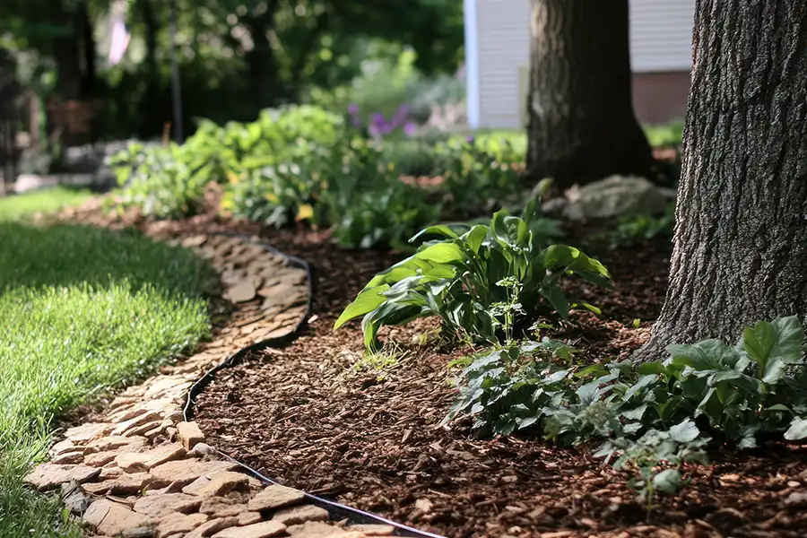 A-Unlimited Tree Service—A garden in Maryville, IL, with trees and plants that have been mulched during the summer.