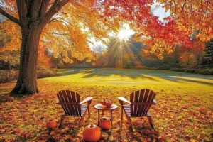 A-Unlimited Tree Service—Two chairs under a tree are surrounded by fall foliage in a yard in Highland, IL.