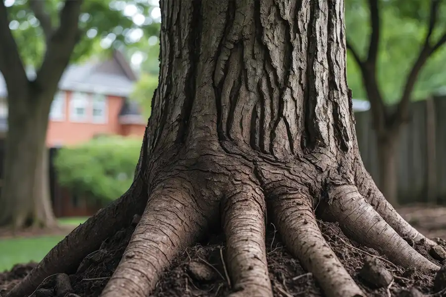 A-Unlimited Tree Service—A close-up of a tree trunk and protruding roots in a backyard in Edwardsville, IL.