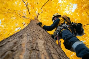 A-Unlimited Tree Service—Professional arborist in full safety gear climbing a tall maple tree with vibrant yellow autumn leaves in Highland, IL, preparing for removal.