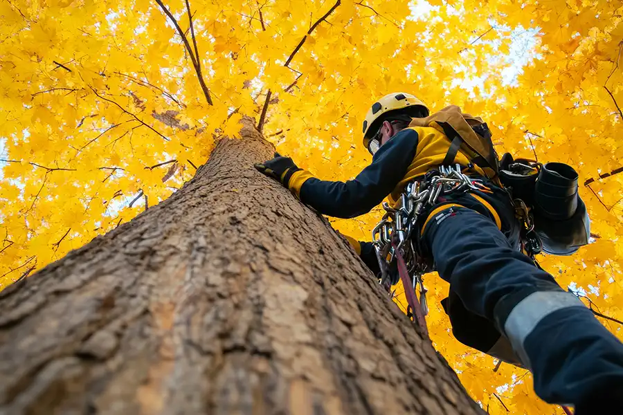 A-Unlimited Tree Service—Professional arborist in full safety gear climbing a tall maple tree with vibrant yellow autumn leaves in Highland, IL, preparing for removal.