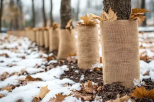 A-Unlimited Tree Service—Young tree trunks protected with burlap wraps to ward off the damaging effects of winter weather and cold temperatures in Troy, IL.