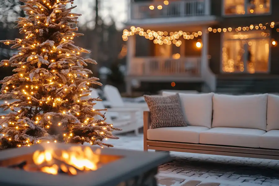 A-Unlimited Tree Service—A cozy outdoor seating area near a fire and a Christmas tree with lights in Glen Carbon, IL.