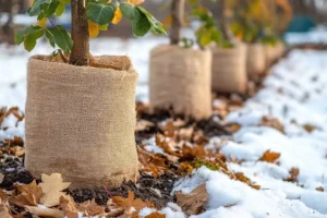 A-Unlimited Tree Service—young tree trunks wrapped in burlap for winter protection in Belleville, IL.