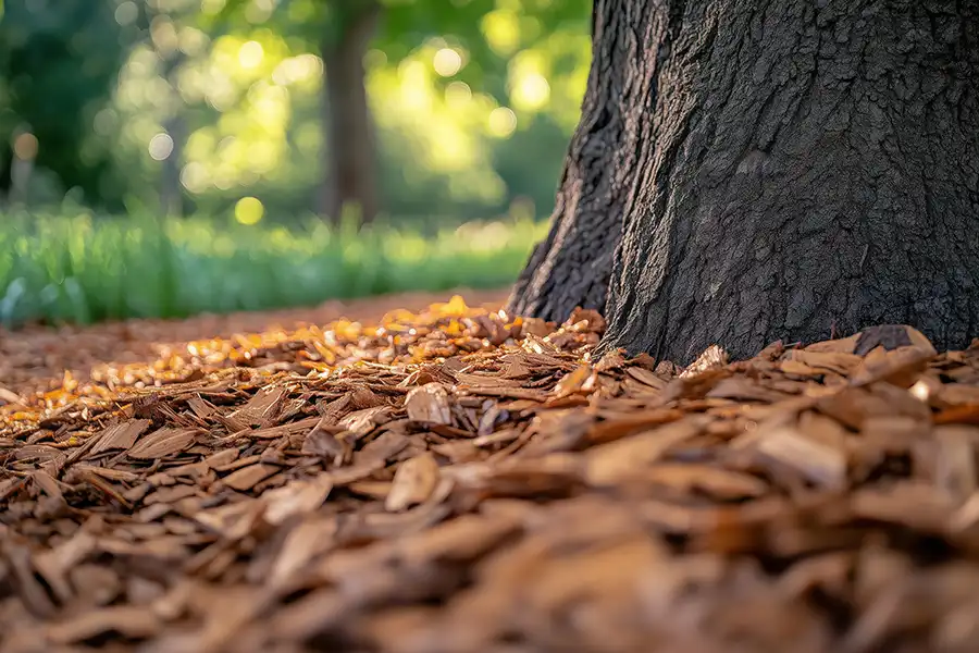 A-Unlimited Tree Service – Mulch around the base of the tree on a property in Collinsville, IL.