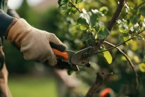 A-Unlimited Tree Service—A professional arborist pruning a tree in a residential yard in Belleville, IL.