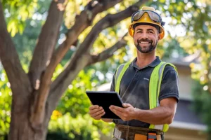 A-Unlimited Tree Service—A professional arborist with a tablet stands in a customer's yard in Edwardsville, IL, ready to sign a regular tree service contract.
