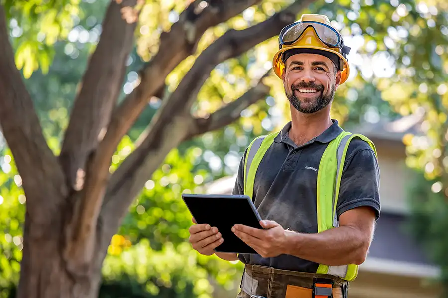 A-Unlimited Tree Service—A professional arborist with a tablet stands in a customer's yard in Edwardsville, IL, ready to sign a regular tree service contract.
