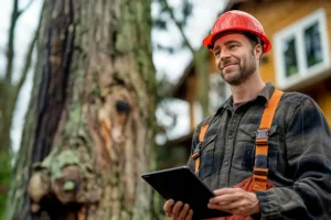 A-Unlimited Tree Service—A professional arborist with a tablet stands in the yard of a homeowner in Belleville, IL, ready to discuss tree care.