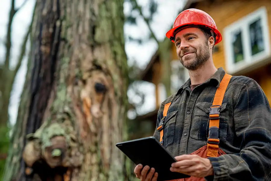 A-Unlimited Tree Service—A professional arborist with a tablet stands in the yard of a homeowner in Belleville, IL, ready to discuss tree care.