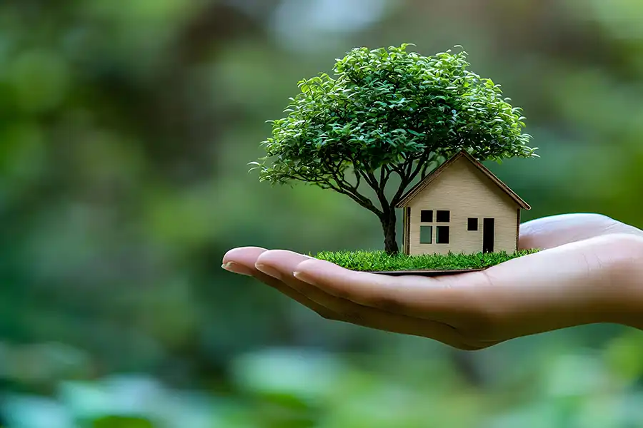 A-Unlimited Tree Service —A hand holds a home and a tree to symbolize residential tree care in Belleville, IL.