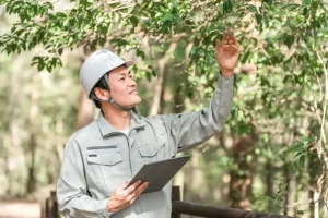 A-Unlimited Tree Service—A male arborist in a safety hat inspecting a tree in Collinsville, IL.