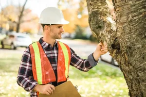 A-Unlimited Tree Service—A male arborist with a clipboard inspects the health of a tree on a Belleville, IL property.